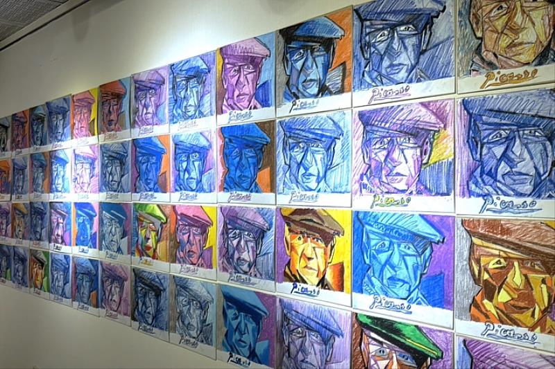 圖／學生們運用多媒材，以繽紛色塊及清晰線條創作出「畢卡索Picasso角面相」作品。