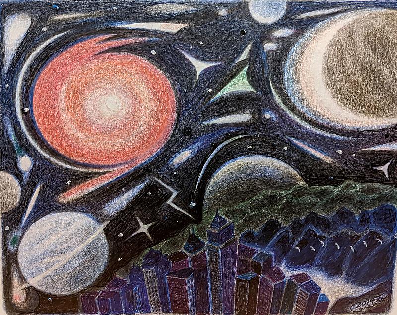 鍾復榮_星空之城_油臘筆,_油性鉛筆,_原子筆_19.1x_24.1cm_2024