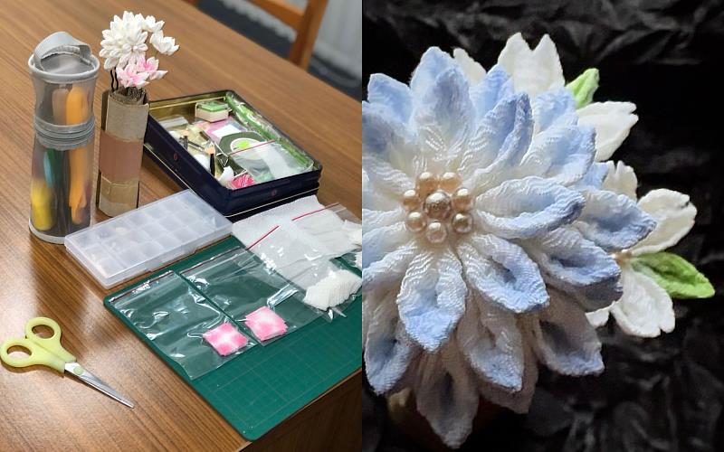 世新大學和服研究社帶領學生用縮緬布料製作細工花飾品。（世新大學提供）