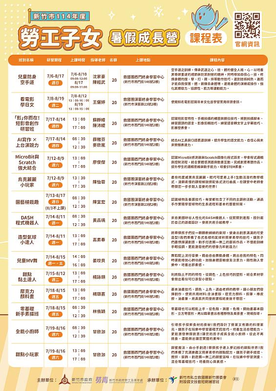 勞工子女暑假成長營課程表
