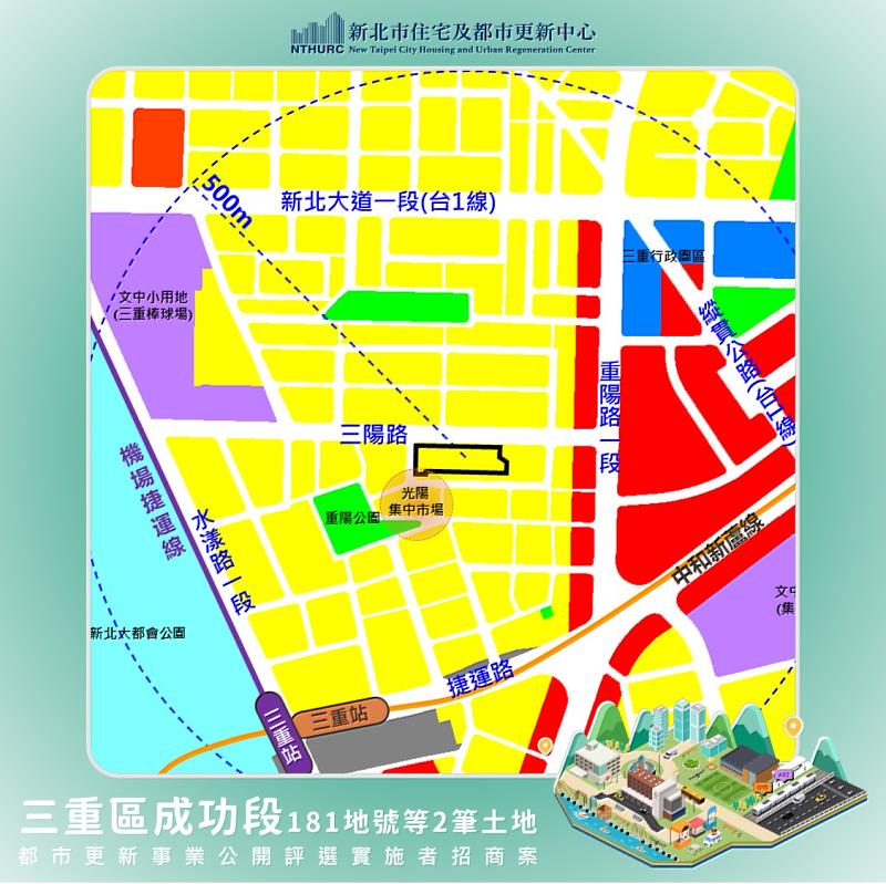 三重案鄰近三重捷運站及三重行政園區，地理區位佳、交通便利且生活機能良好。(新北住都中心提供)