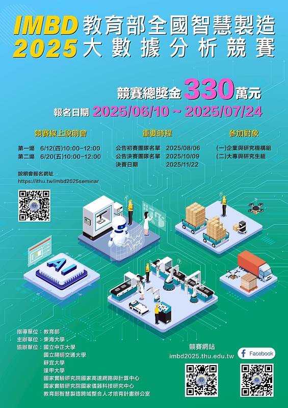 第八屆「2025全國智慧製造大數據分析競賽」，總獎金高達新臺幣330萬元，最高金獎隊伍可獨得獎金100萬元，廣邀全國大專院校師生與企業爭取殊榮。