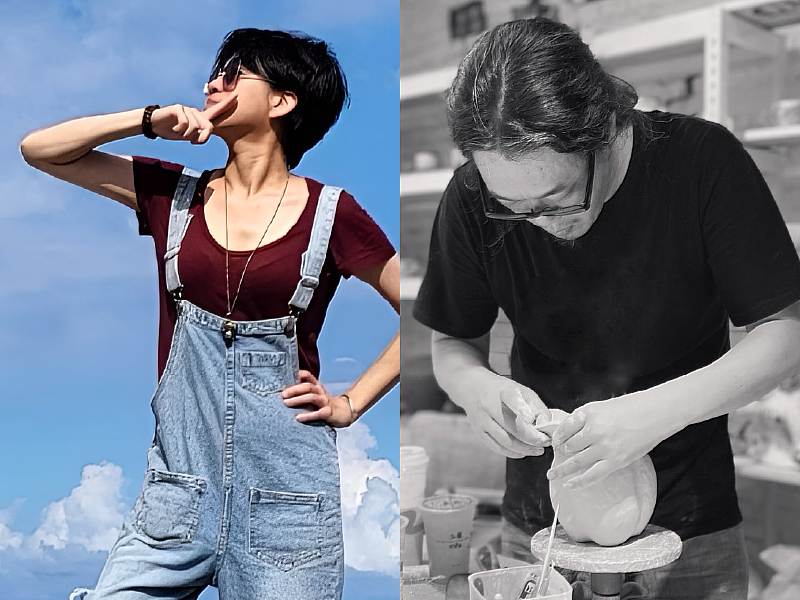 陳盈如、梁佑華｜藝術家陳盈如（圖左），以民俗元素為基底創作水墨與壓克力畫作，幽默描繪「神怪日常」，在古典與當代之間構築鮮活敘事空間。藝術家梁佑華（圖右），透過陶藝實驗建構超現實的生命體與奇異生物，造型遊走於可愛與不安邊界，展現他對未知世界的深度想像。