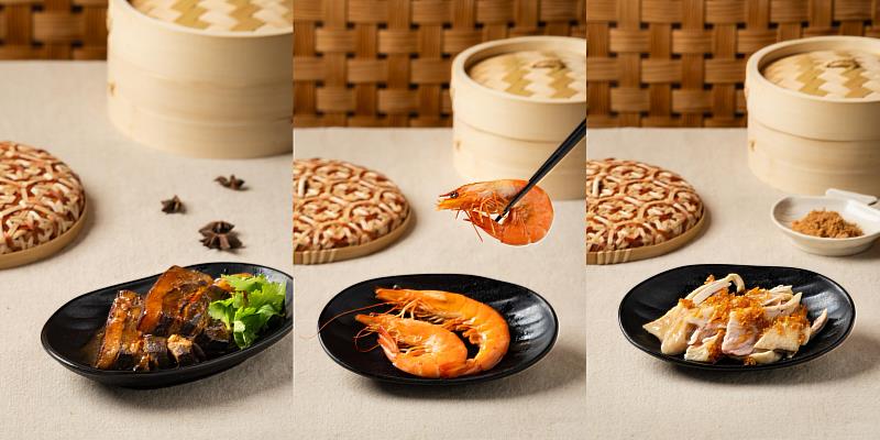 ▲一村粥必點菜餚蘇對東坡肉（左）、漢方花雕醉蝦（中）、招牌蔥油黃金土雞（左）全部百元有找。