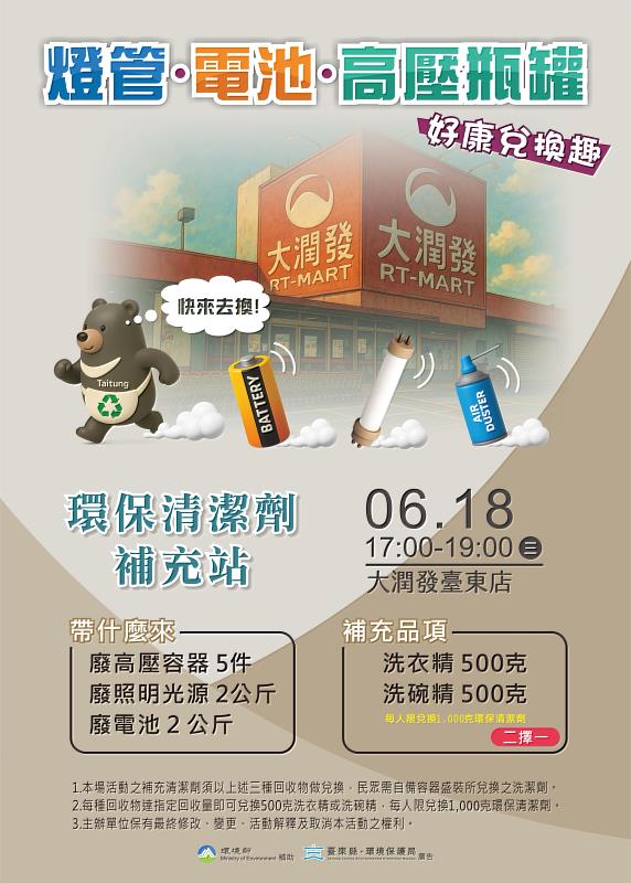 自備容器更環保! 臺東縣環保局18日辦理燈管、電池、高壓瓶罐回收換好康活動 歡迎縣民共襄盛舉