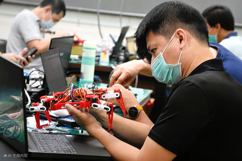 北分署創客基地辦理物聯網、機器人、AI應用等前瞻技術課程，提供自造設備與技術支援。圖為機器人實作課程，學員進行線路連接操作為遠端控制進行設定。