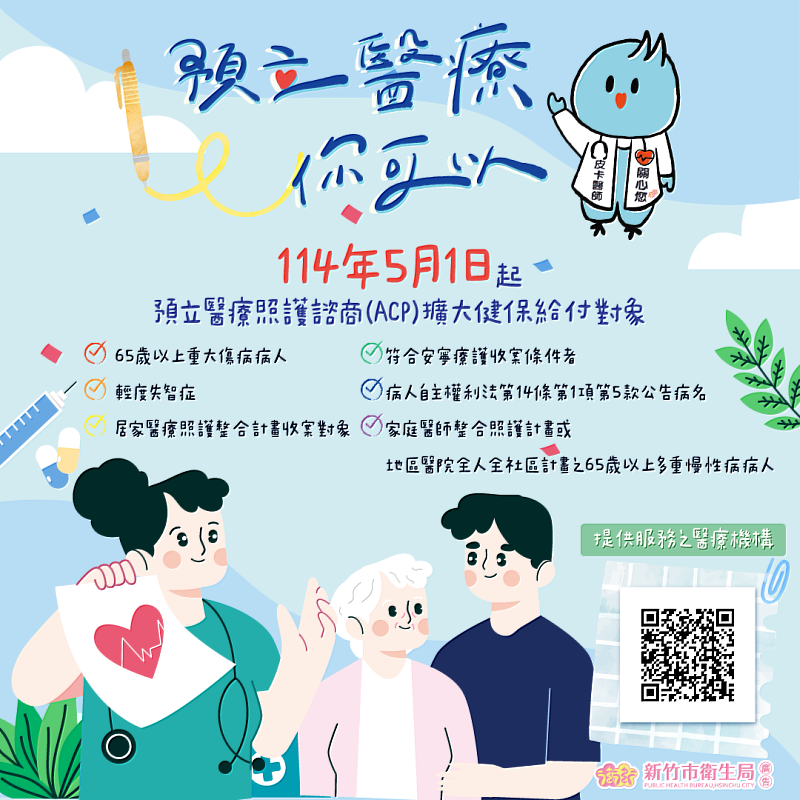 衛生福利部自今年5月1日起擴大「預立醫療照護諮商費」健保給付對象。