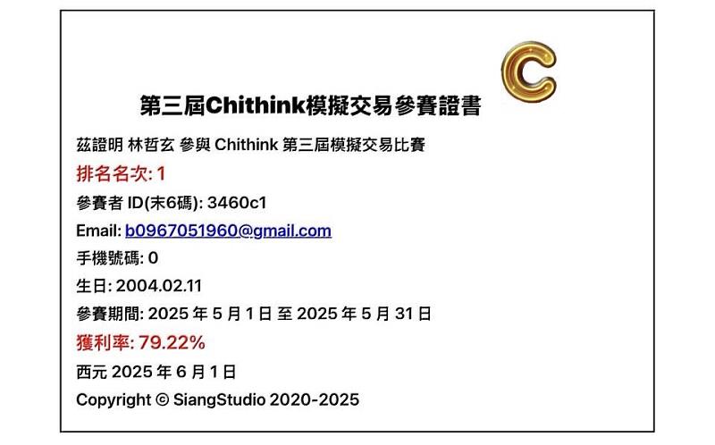 林哲玄於「2025 第三屆Chithink APP台股模擬交易大賽」榮獲第一名