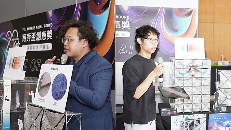 東海工設系學生鄭俊彥(圖左)與姜子鴻(圖右)，開發《AIRFilterScaffold 鷹架空濾系統》結合AIoT空氣監測與模組化鷹架結構，提升作業環境的健康品質。