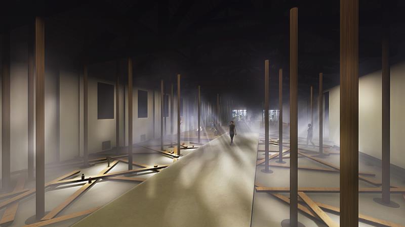 「穿霧之境」展區示意圖。展現當代以水體本身為主體的生態思維，聚焦順著水體文化進行生態循環與教育串接的工作。