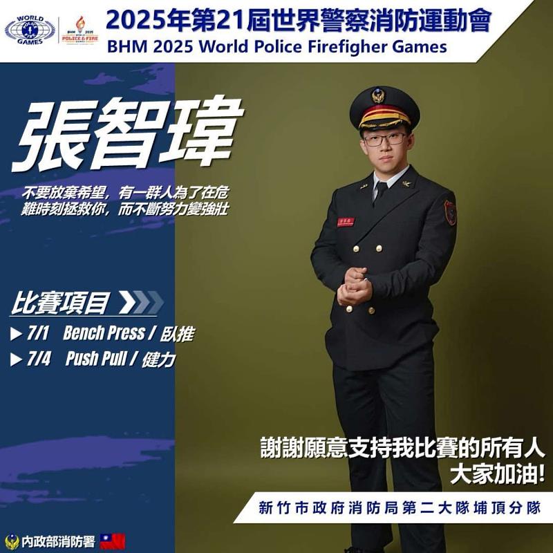 消防隊員張智瑋參加「2025年第21屆世界警察消防運動會」，「臥推」項目獲銀牌