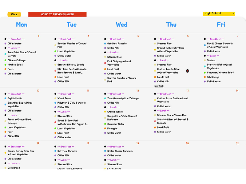 The website allows parents to view their children's daily school menus.