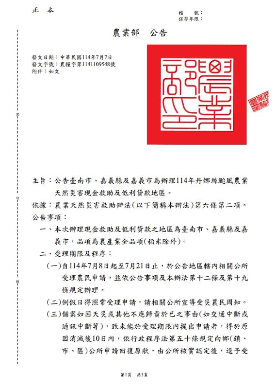嘉義縣農產業全品項(稻米除外)辦理現金救助及低利貸款-1