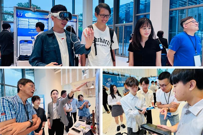 逢甲大學師長與評審在展演區中與參賽學生熱絡交流。此次作品主題多元，涵蓋教育、健康、永續與社會關懷，並廣泛結合 AI、AR、visionOS 等 Apple 最新前沿技術。