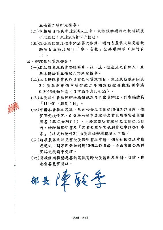 嘉義縣可辦理丹娜絲颱風畜牧全品項現金救助及低利貸款