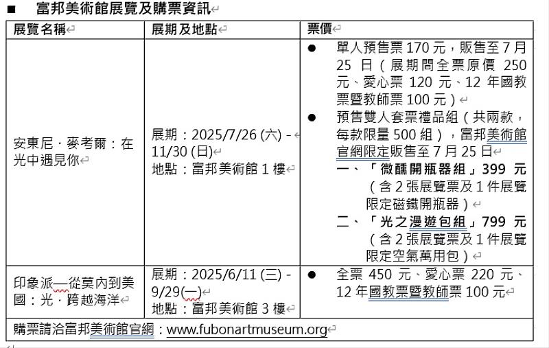 富邦美術館展覽及購票資訊