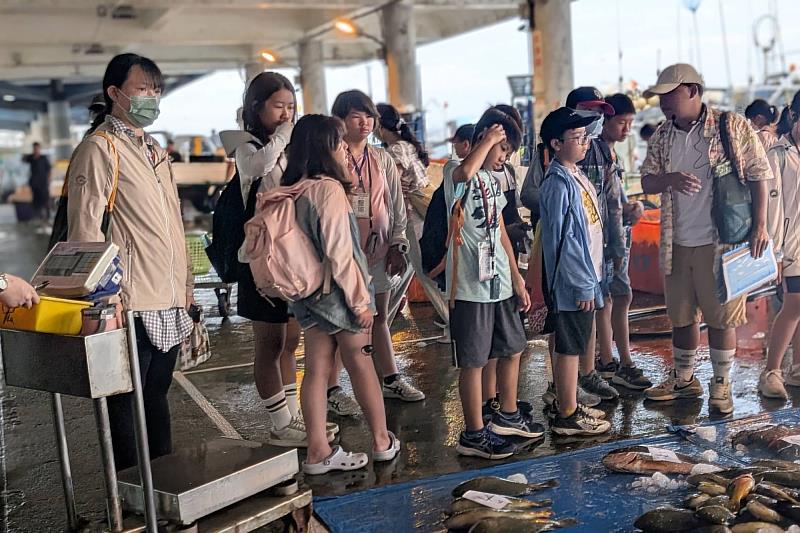 教育學系師資生與篤加國小老師安排學童早起參訪當地魚市，學習魚種辨別與競標過程