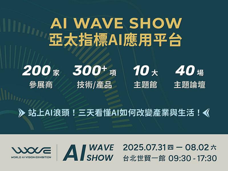 由數位產業署與台北市電腦公會（TCA）共同主辦的亞太區指標 AI 科技應用展會AI WAVE SHOW，設有四大垂直領域展區、四大 AI 科技展區，政府部會主題館和國際展區，全方位呈現 AI 技術，即將在7 月 31 日至 8 月 2 日在台北世貿一館舉行。AI WAVE SHOW 預先登錄網址為 https://ai-wave.tw/exhibition/RegistrationInfo。