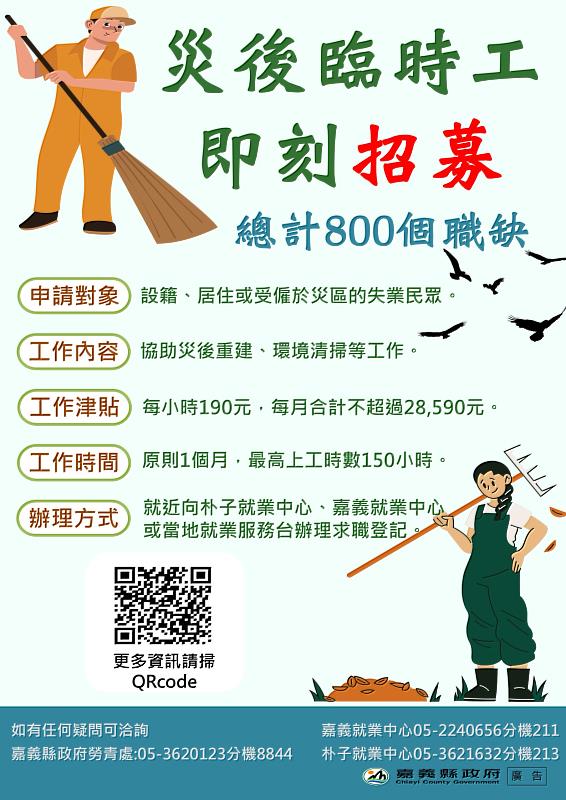 嘉義縣府釋出800個臨時職缺 投入災後復原、支持災區鄉親就業