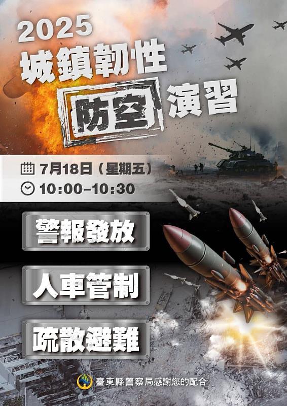 不配合可罰15萬!臺東縣防空演習7月18日登場