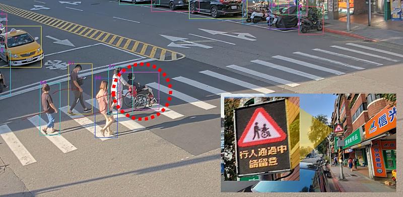 資策會開發的「i-RSU智慧路側單元」,運用AI影像辨識技術,能即時偵測輪椅用路人穿越路口的動態,並透過電子看板警示鄰近駕駛人。