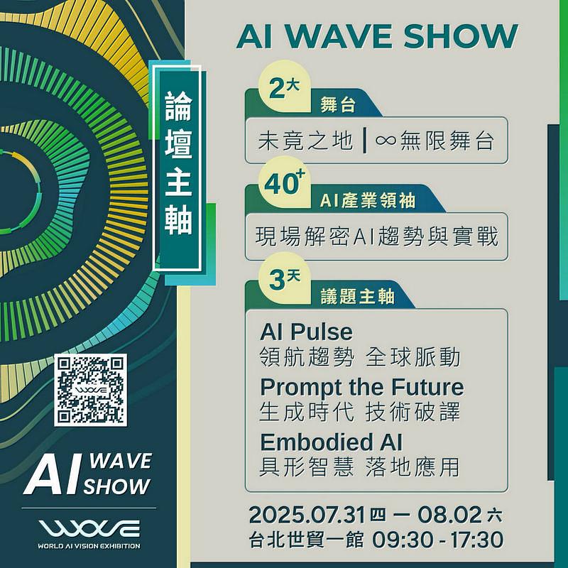 全台最大AI展 － AI WAVE SHOW 三日雙舞台 × 40+場論壇 7 月 31 日至 8 月 2 日世貿一館重磅登場！場場免費參加，歡迎踴躍入場！AI WAVE SHOW論壇舞台活動與報名連結一覽表：https://ai-wave.tw/Event/StageAgenda