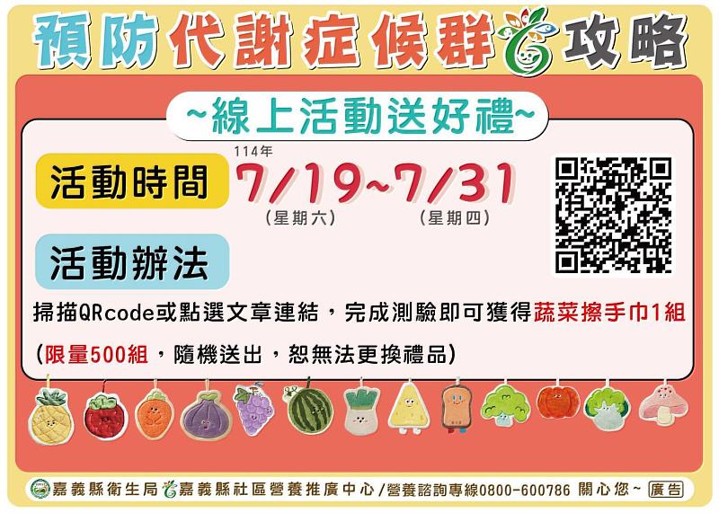 嘉義縣衛生局推「預防代謝症候群6攻略」，線上填問卷拿好禮-1