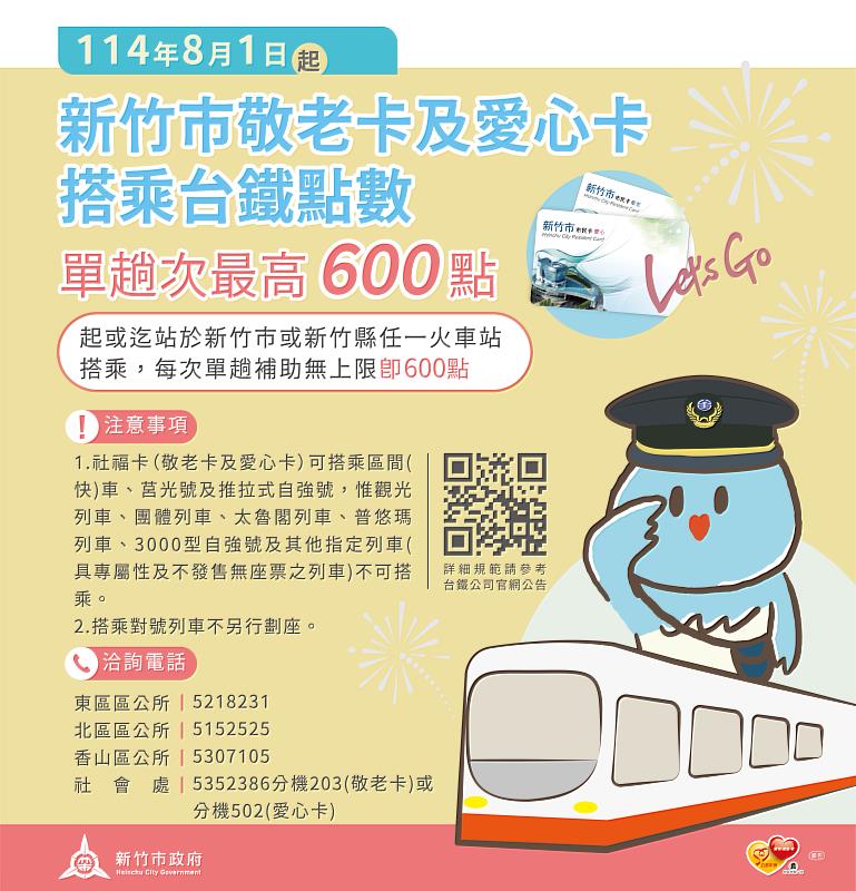 114年8月1日起，新竹市敬老卡及愛心卡搭乘台鐵點數單趟補助無上限（即600點）