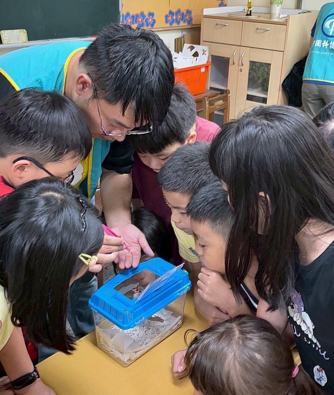 大學生野鳥救傷宣導志工餵食志工鳥(白頭翁)並引導學童進行觀察(照片/校方提供)