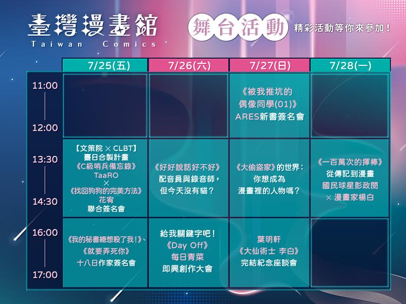 臺漫館舞台區將帶來八場精彩活動，集結TaaRO、花宥、十八日、每日青菜等人氣漫畫家。（文策院提供）