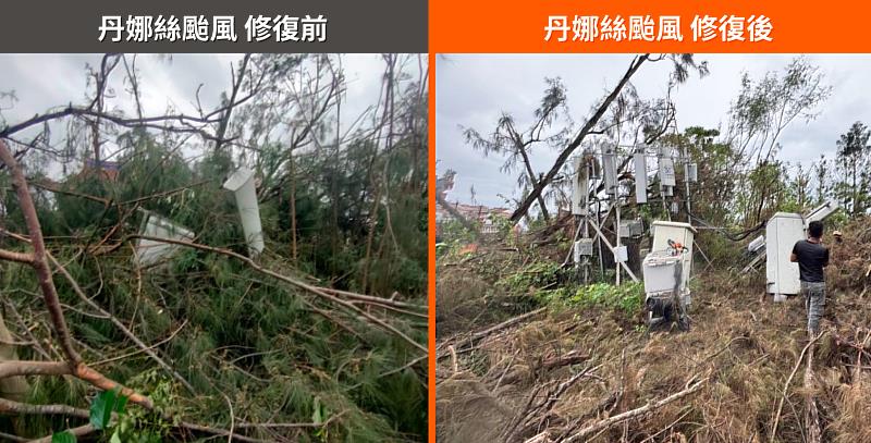 北門錦湖里基站受颱風影響，約25~30度邊坡處遭土石與倒木覆蓋，工程團隊在近30度泥濘斜坡清除障礙，方能展開修復；圖中為南鯤鯓代天府內基站，已採臨時工法完成初步復原，全力恢復當地通訊服務。