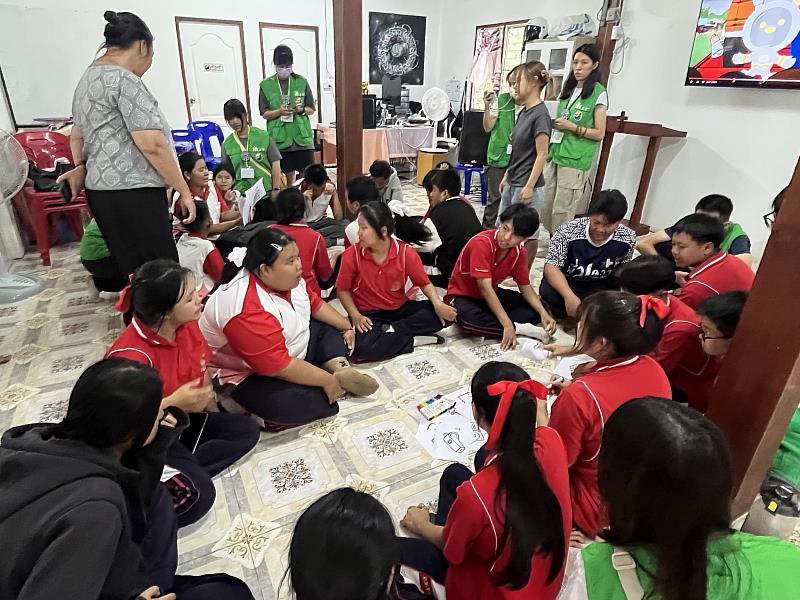 南華大學環境志工隊至泰北推動社區防災教育，拜縣社區青年領袖討論防災包應準備的內容物。