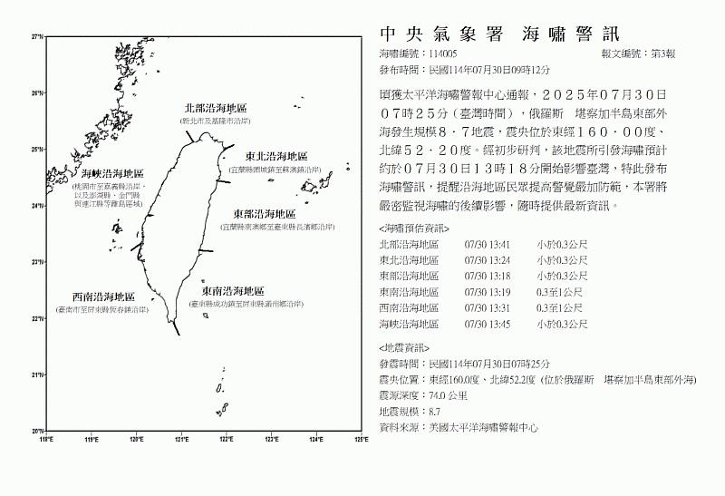 圖說  中央氣象署發布海嘯警訊，提醒市民朋友提高警覺。