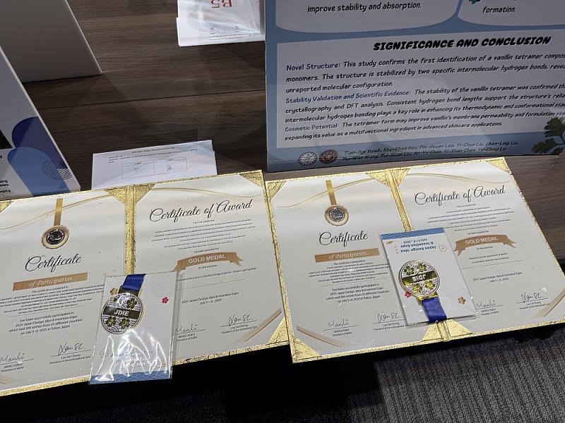 團隊以「靈芝萃取物在生技產品之應用」與「香草素在化妝保養品之應用研究」兩項創新作品榮獲兩面金牌