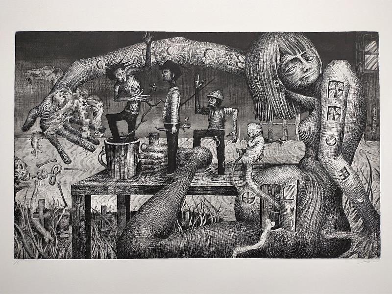 朝井颯志〈生與死〉本次展出的入選作品,畫面擠壓、充滿象徵與劇烈情緒。人類與異物共處,機械與宗教交纏,描繪出無法逃脫的存在荒謬。