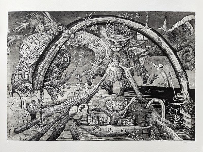 朝井颯志〈彩虹門〉源自駐村經驗的創作,朝井以「門」作為通往未知的象徵,畫面如地獄與童話交錯。細節中藏有文化的碎片、夢境的線索,也許是記憶的出口,也可能是新的入口。