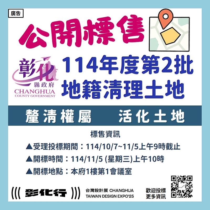 彰化縣政府代為標售114年度第2批地籍清理未能釐清權屬土地開始公告