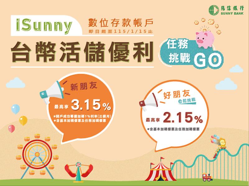 陽信銀行推出「iSunny數位帳戶  活儲優利任務挑戰活動」