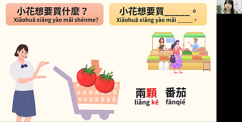 由洪安萱老師教授的「線上華語團體班教學實務師資培訓課程(乙級)」〈華語詞彙與教學〉上課畫面
