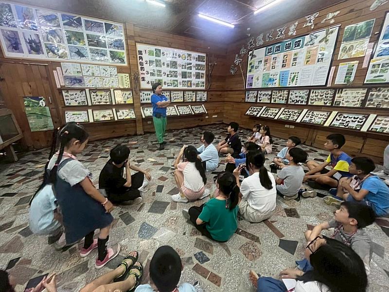 學童專注聆聽昆蟲專題講解，透過實地導覽與圖像教材，深入認識生物多樣性與自然生態。