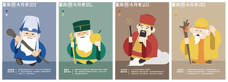 2025臺南七夕嘉年華開跑，府城月老信仰交織，巷仔Niau帶路尋愛。(圖為府城四大月老圖像)