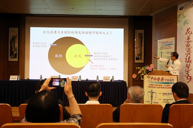 花蓮慈濟醫院法制長李毅醫師以「風險還是疏失」為題，分享他處理醫療爭議事件與關懷實務近20年的經驗。