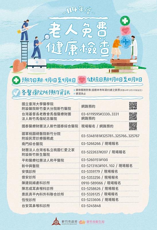竹市長者免費健檢自9月1日起開放預約。