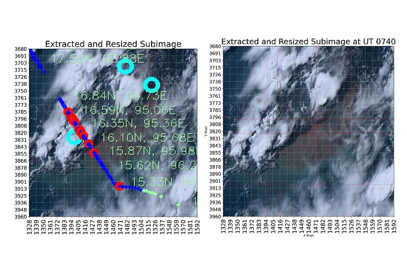 2024年5月21日07–08UT SQ321航班路線（紅>37,000、藍37,000、綠<31,000英尺），Himawari-8影像（07:40 UT），福衛溫度（天藍色）。影像王國英教授提供