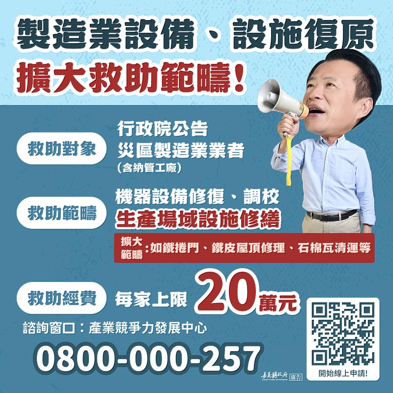 工廠災後復原擴大補助內容，補助上限20萬