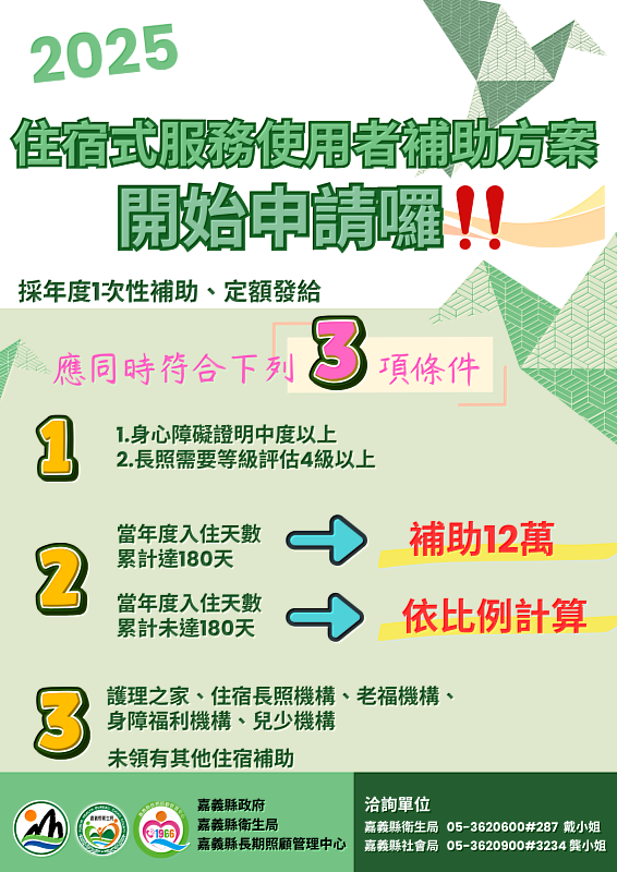 嘉義縣入住長照機構最高補助12萬