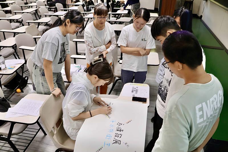 新生們在「我的永續關鍵字」工作坊中，小組學員合力繪製連結永續議題的海報。（圖／淡江大學提供）