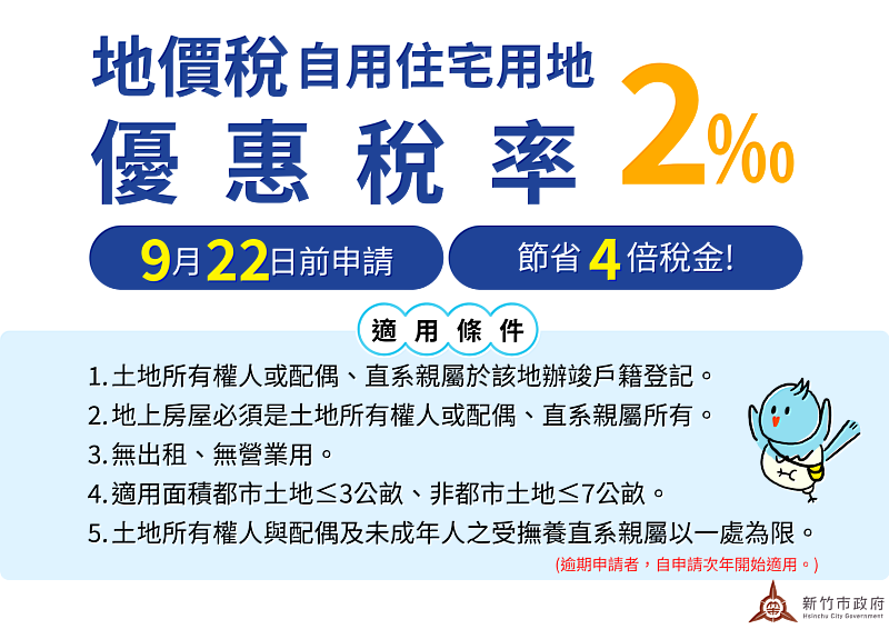 地價稅自用住宅用地優惠稅率」9/22截止申請
