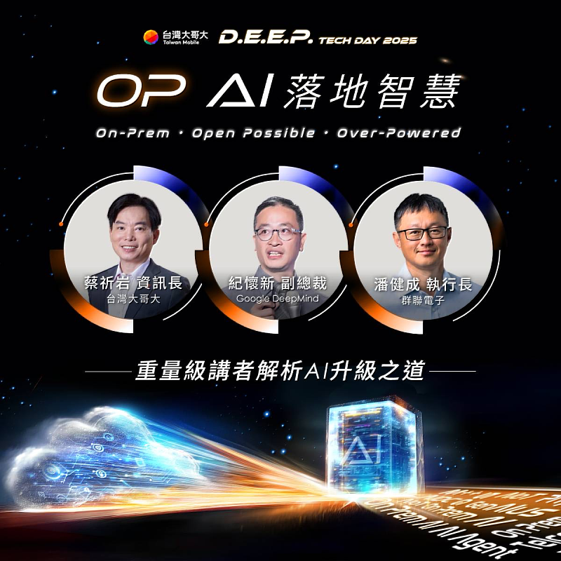 台灣大哥大硬科技日9月9日登場，邀請Google DeepMind 研究副總裁紀懷新、群聯電子執行長潘健成、IMA資訊經理人協會理事長暨台灣大哥大資訊長蔡祈岩進行專題演講，解析AI升級之道。
