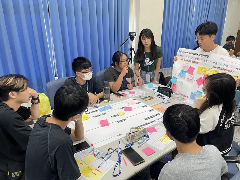 學生分組進行「2040年未來世界想像」發表，從科技、環境、經濟等面向探索未來趨勢，思考在社會變遷下，如何創造未來職涯發展的可能性。